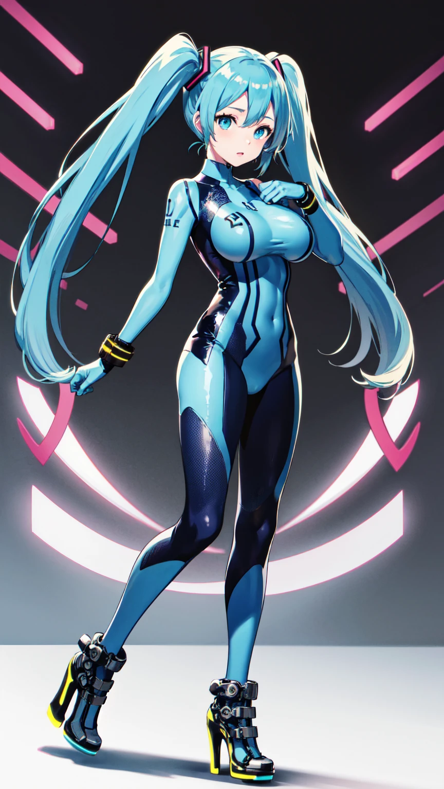 Hatsune Miku Vocaloid, Twin tails, Bright Blue Eyes, Light blue hair, Pichi Pichi body suit, High heels, cyber punk, Ultimate Physical Beauty, Beautiful Eyes, ((Big Breasts)), masterpiece, 8k CG, Highest quality, Best image quality