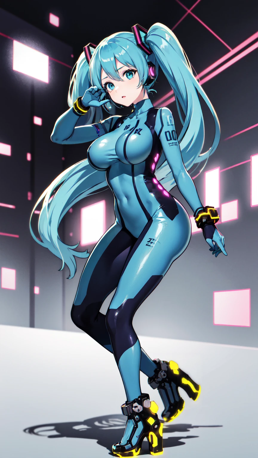 Hatsune Miku Vocaloid, Twin tails, Bright Blue Eyes, Light blue hair, Pichi Pichi body suit, High heels, cyber punk, Ultimate Physical Beauty, Beautiful Eyes, ((Big Breasts)), masterpiece, 8k CG, Highest quality, Best image quality