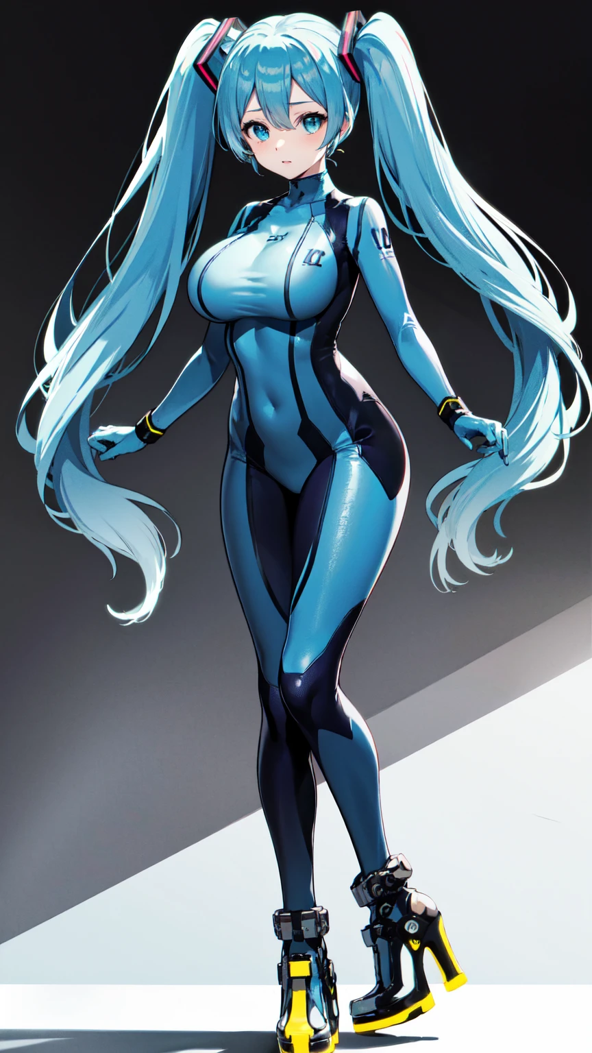 Hatsune Miku Vocaloid, Twin tails, Bright Blue Eyes, Light blue hair, Pichi Pichi body suit, High heels, cyber punk, Ultimate Physical Beauty, Beautiful Eyes, ((Big Breasts)), masterpiece, 8k CG, Highest quality, Best image quality