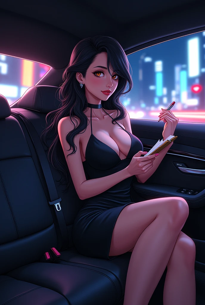 (anime:1.2),Woman with black hair, long, with bigger breasts, slender and ass. Dressed in an evening dress, sitting in a car with a notebook in hand to take notes