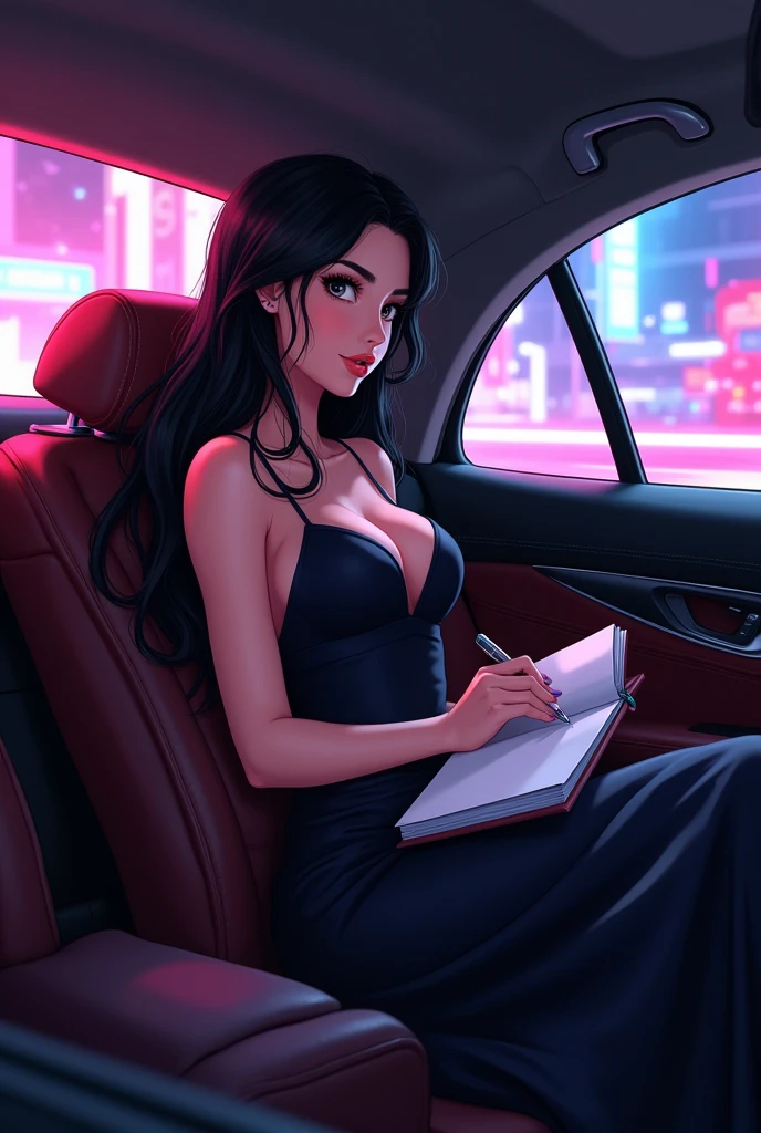 (anime:1.2),Woman with black hair, long, with bigger breasts, slender and ass. Dressed in an evening dress, sitting in a car with a notebook in hand to take notes