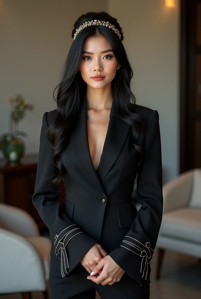 best quality, (realistic:1.2), 1 woman, alone, detailed face, face focus, standing, black hair,(headdress:1.35),office lady, Ribbon-trimmed sleeves, separated sleeves, Ribbon trim, wide sleeves, (looking at viewer:1.5) long hair, black eye, forehead, Lips,