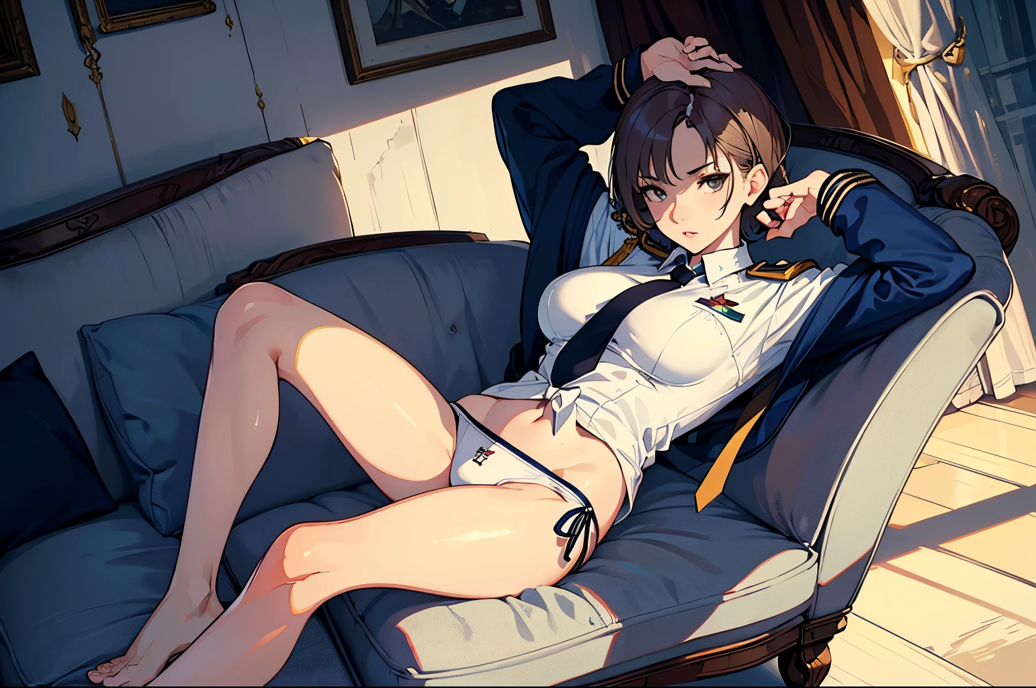 masterpiece, official art, best quality, textile shading, (Perfect Anatomy:1.5), highest quality, 1lady , slender, leggy, (((small ))), Seductive, pensive, looking afar, brown hair, short hair, (wear a white long sleeved shirt, tie, navy officer jacket:1.5), white bikini pantie foot, Perfect hands, Perfect body, reclining, lying on a sofa, leg lift higher , ((Exquisite detail)), Very finely crafted fingers(((10 fingers))), (full body showcase), (Show your whole body), (no background), (No logo) , high resolution, parted lips, belly button , feet arms up
