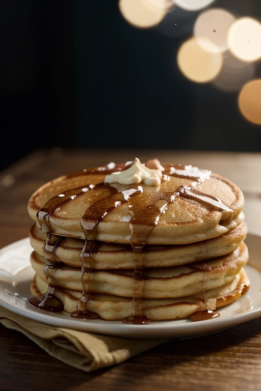 A close-up photo of a pan cakes on the side, a blurred background and bokeh effect under natural lighting in the style of advertising photography on a simple blurry dark wooden table. --ar 85:128 --v 6.0 --style raw