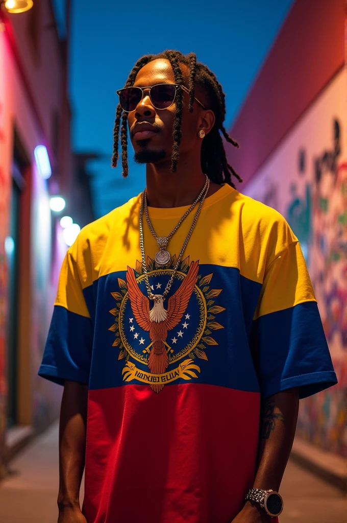 A rapper with a phoenix shirt and the Venezuelan flag with braids and microphones in his hand 
