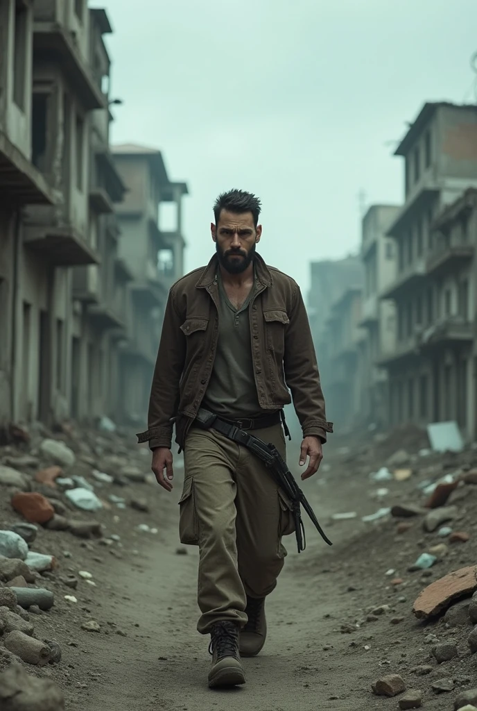 Best quality, masterpiece, ultra high res, photorealistic:1.5, raw photo,ultra reality, bearded man, short hair, a man standing on a pile of dead humans, holding knives in both hands, bloody hands, injured, some bruises, fighting, in the city, cinematic lighting