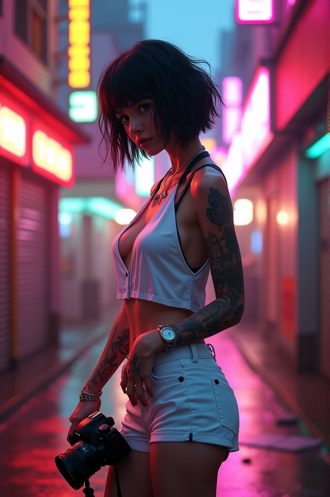 detailled image / A beautiful cyberpunk ager, moist and wet skin, short black hair, full of tattoos, breasts big, wearing tiny shorts and ripped black jeans, wearing a low-cut white jumpsuit, taking a picture with a Canon camera, in a graffitied square, Approximate image, super realistico, high quality ultra realistic image, 4K, 8k of details, realistic lighting and skin tone, detailed dark background