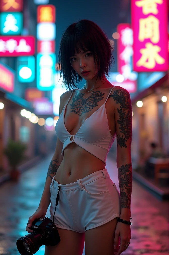 detailled image / A beautiful cyberpunk ager, moist and wet skin, short black hair, full of tattoos, breasts big, wearing tiny shorts and ripped black jeans, wearing a low-cut white jumpsuit, taking a picture with a Canon camera, in a graffitied square, Approximate image, super realistico, high quality ultra realistic image, 4K, 8k of details, realistic lighting and skin tone, detailed dark background
