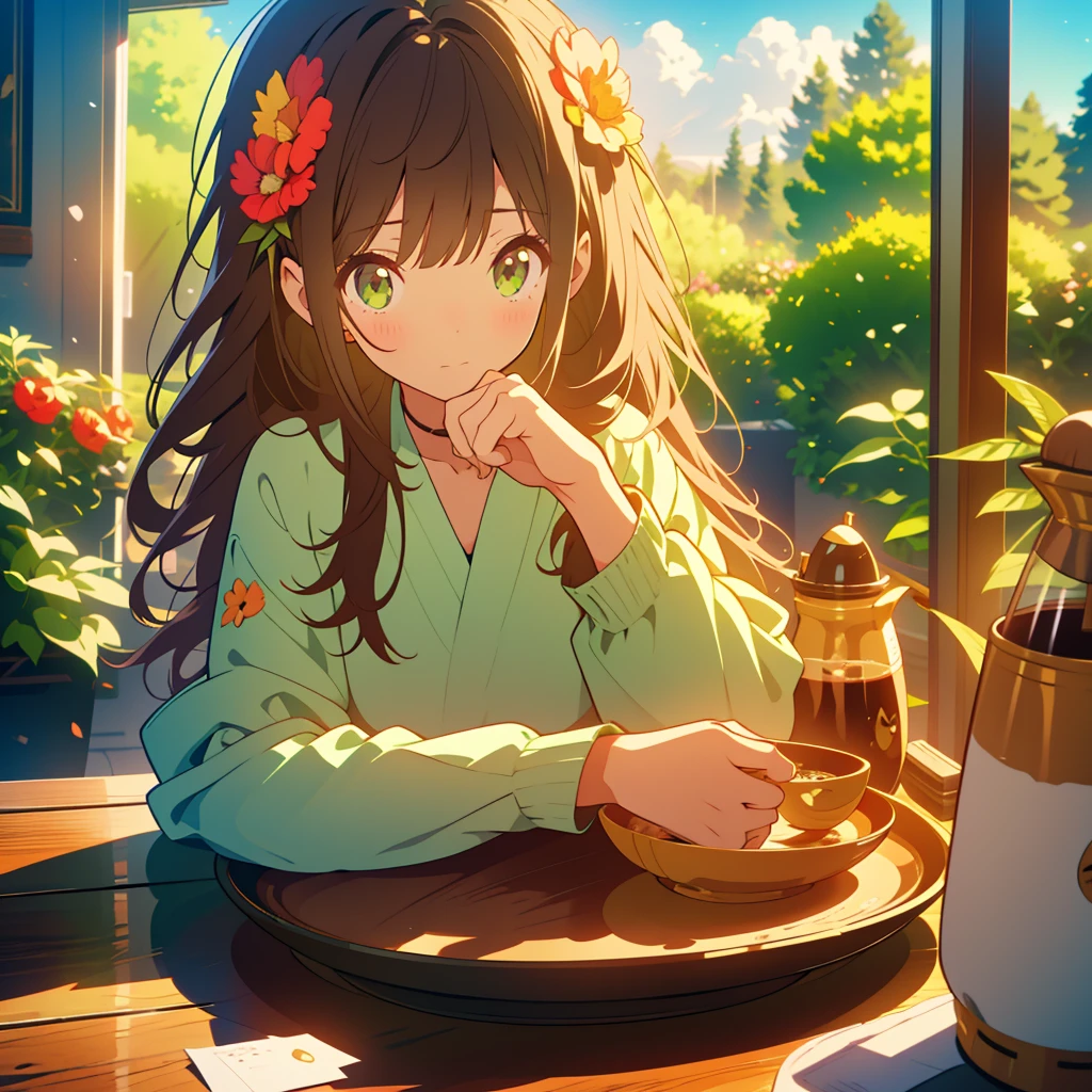 kawaii, anime, Cute, hyper quality, highly detailed, 8k, Clarity, Draw facial expressions in detail, Girl with long dark brown hair and green eyes, surrounded by flowers, flowers, bright sky, coffee on the table, claw pose, highlight on eyes, troubled face, 