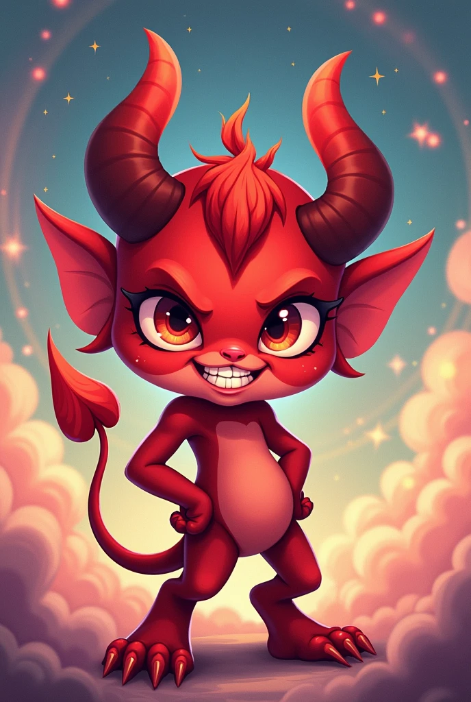 cartoon of a devil with horns and horns on his feet, a pastel inspired by Aquirax Uno, tumblr, furry art, demoness, cheeky devil, with claws, cinnabar, mara demon, lowres, cloven feet and horns, evil pose, cel shaded:15, commission for high res, sfw version, claws are up, her foot sticking out