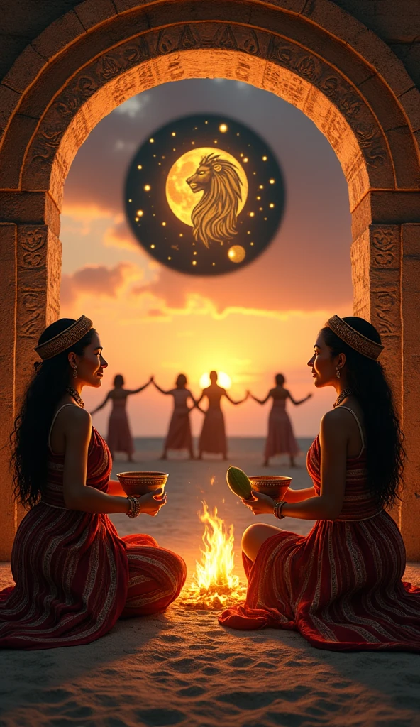 two ultra realistic mayan women with their backs to a portal with a majestic golden lion on the portal inside a black moon,  convey depth. Healing lights come from the hearts of these women., one holds a bronze bowl and the other a large cocoa fruit over a ritual fire, They are sitting.. in the background women dancing at sunset