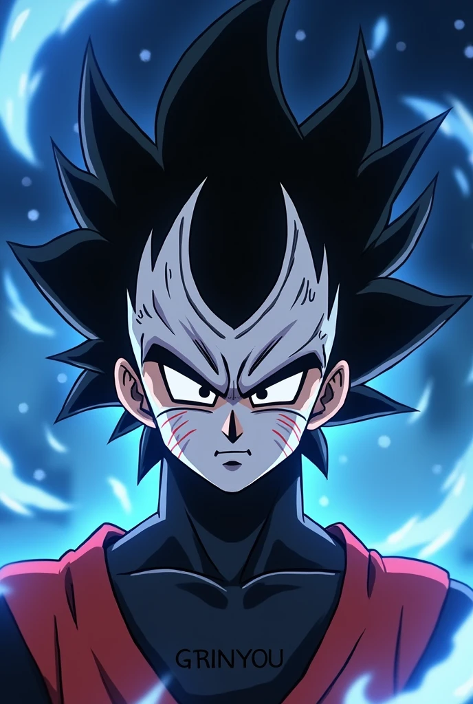 Goku black with a white anbu mask with some small red stripes that cover his entire face but you can see his hair and only his head and you write a logo with this name Grinyou. The mask has to cover his entire face Anime