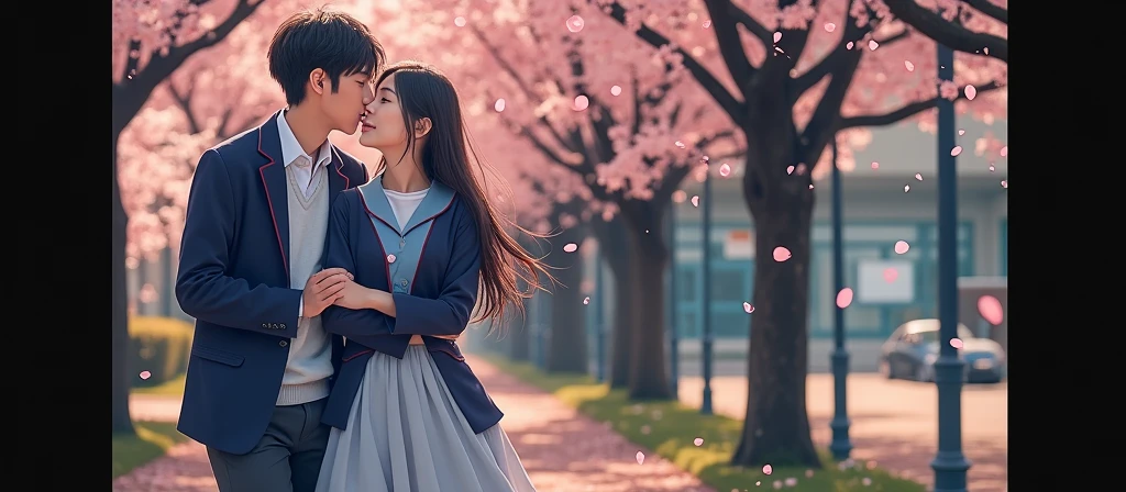 Just the same like in the image but with them kissing and the same school uniform color in the boys uniform and with him holding her 