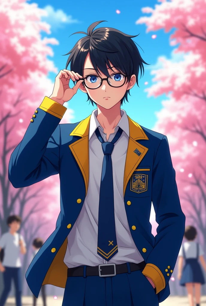 white skin man, Bblack hair, glasses, and blue and yellow school uniforms, in anime style.

