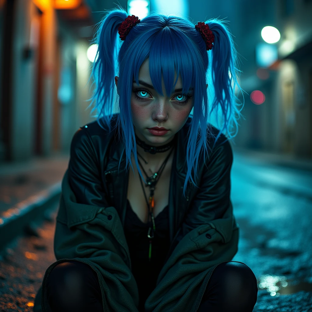 ((Best quality)), ((masterpiece)), (sitting on the road:1.3), (erotic pose:1), (highly detailed face:1.3), (higly detailed eyes:1.5), In the dark and gritty dystopian city Piltover, (JinxLol:1.3), (ultra photorealistic:1.3), (masterpiece:1.4), best quality, ((realistic)), high quality, ultra detailed, ((Real picture)), ((realistic skin)), ((realistic face)), (best quality:1.1), (illustration:1.05), (1girl:1.05), (beautiful:1.05), (beautiful detailed eyes:1.05), (cinematic light:1.1), light blue highlights, (full body)