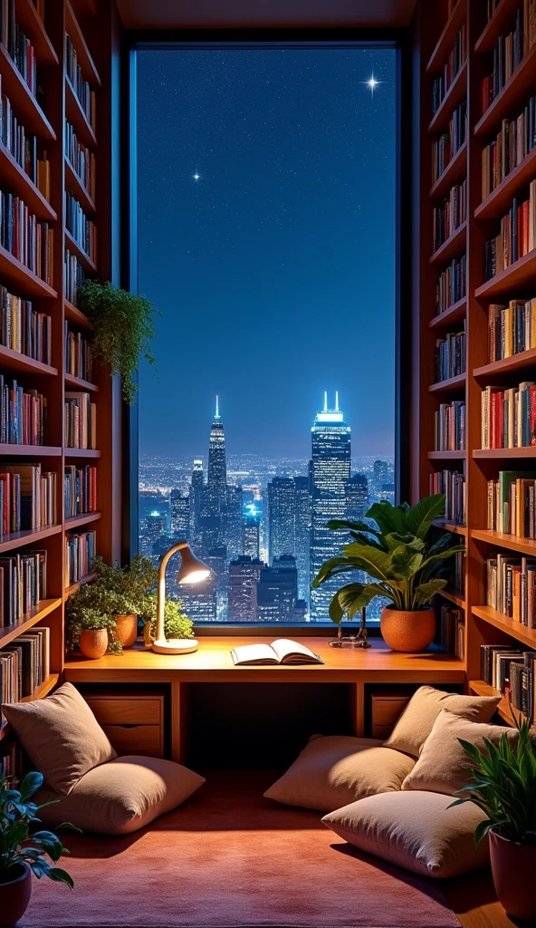 The prompt is as follows:
A comfortable study room surrounded by bookshelves with a night view of the city. It features the lights of skyscrapers seen through the window and the stars shining in the night sky. The room is furnished with cushions and decorative plants, creating a serene atmosphere.