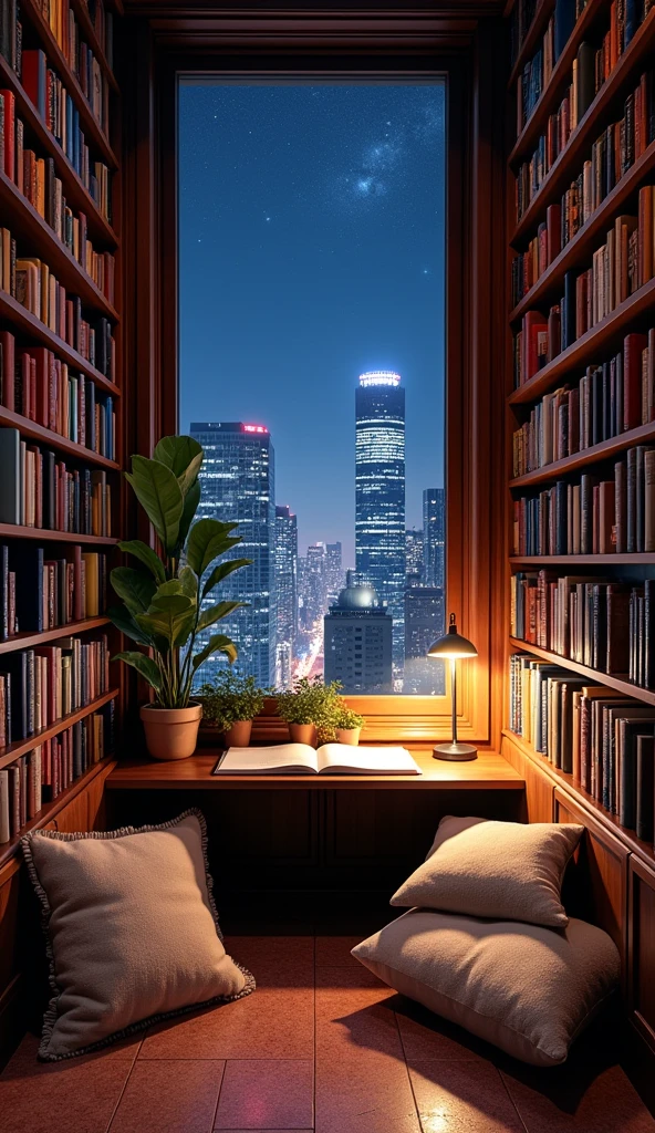 The prompt is as follows:
A comfortable study room surrounded by bookshelves with a night view of the city. It features the lights of skyscrapers seen through the window and the stars shining in the night sky. The room is furnished with cushions and decorative plants, creating a serene atmosphere.
