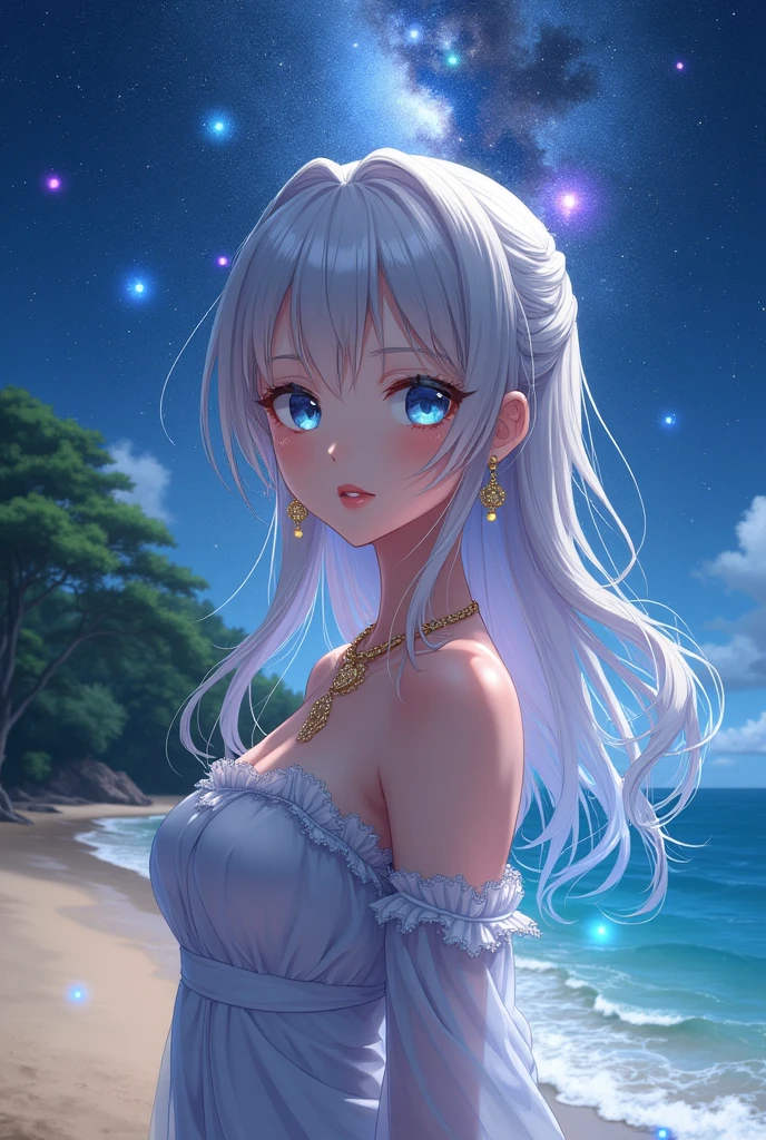 (masterpiece、Highest quality、8k、High resolution)、One female、(Beautiful Face、Beautiful Face)、Beautiful eyes、Beautiful lips、Beautiful nose、Silver blonde hair、(The best anime girl)、Sandy beach with a view of the forest、A bright night with stars visible、milky way、体whole bodyから神秘的な光の粒子、Colorful light particles、A mysterious light glowing around the head、jewelry、necklace、dress、(whole body)、Highly detailed anime art、A complete portrayal、