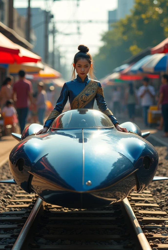 Dark Blue spaceship robot in the shape of a mackerel machine with a glass cockpit. Thai female soldier wearing a Thai dress sexy, white as a pilot. Background in the maeklong railway market, umbrellas, dynamic perspective, creative angle.