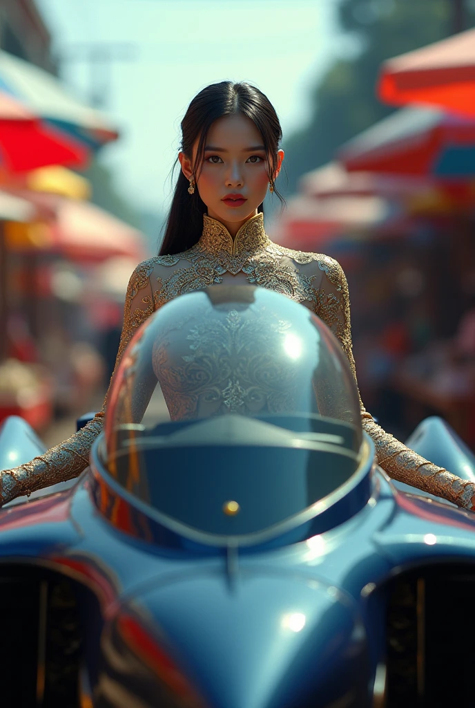 Dark Blue spaceship robot in the shape of a mackerel machine with a glass cockpit. Thai female soldier wearing a Thai dress sexy, white as a pilot. Background in the maeklong railway market, umbrellas, dynamic perspective, creative angle.