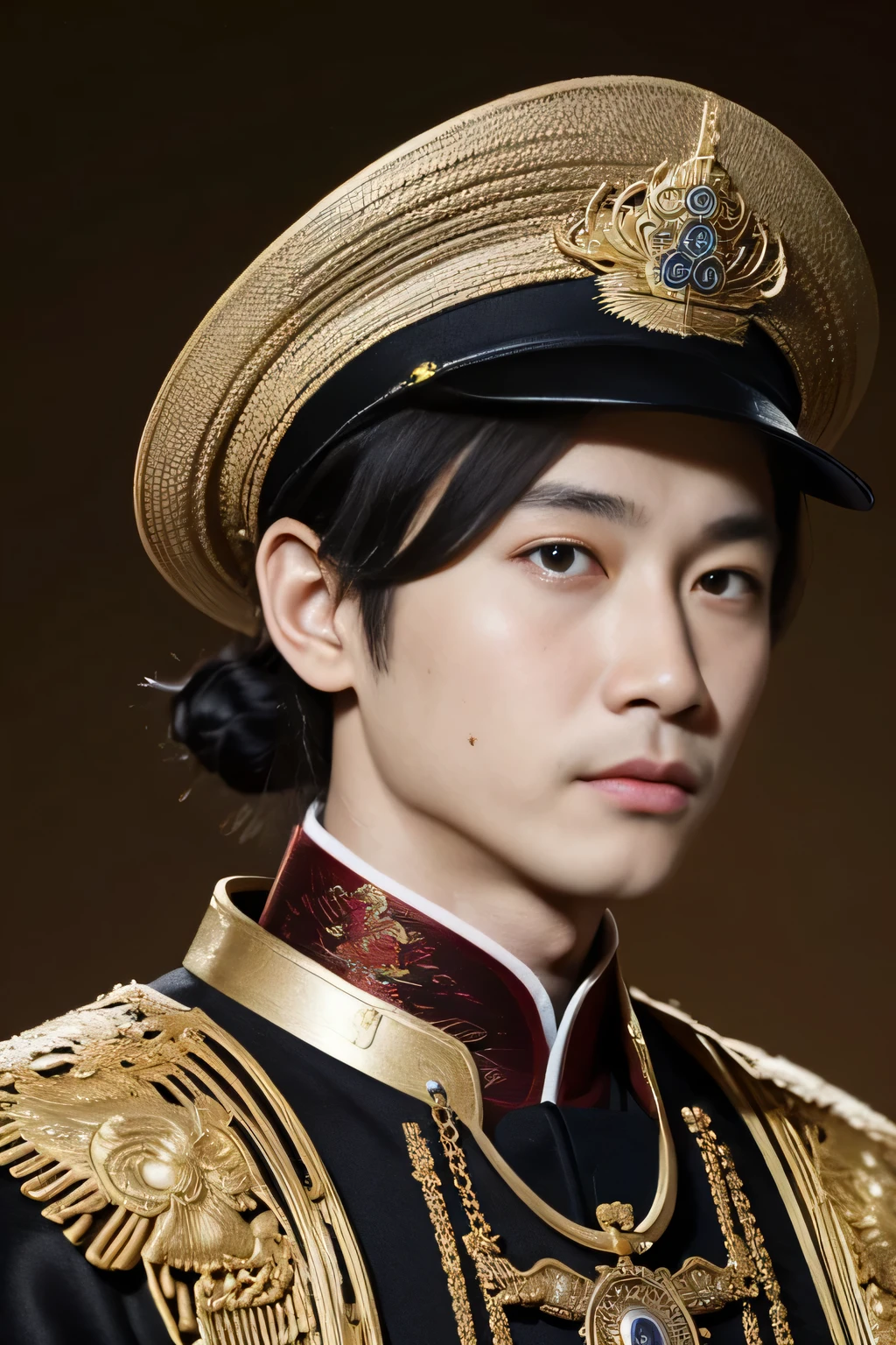 Chinese emperor, black hat, no beard, about 30 years old, face relatively large, brown silk solid color simple official uniform, thin color dragon texture embroidered with openwork embroidery on the clothes, realistic face close-up, character photography, solid color simple background, ambient light, background light, Tyndall light