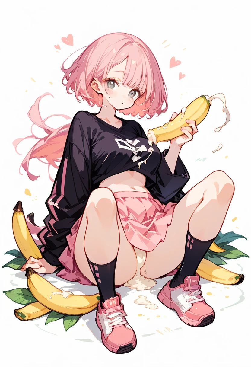 A girl big breast pink hair mini pink skirt short black top sitting eat banana with white semen full body 👅 anime