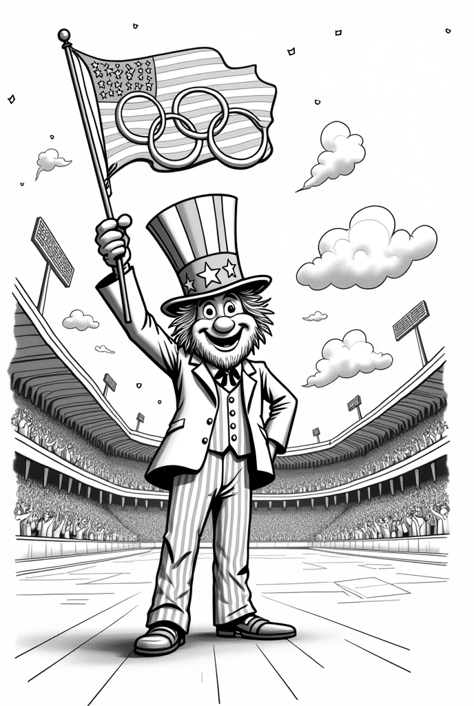 1984 Olympics mascot drawn in black and white Uncle Sam