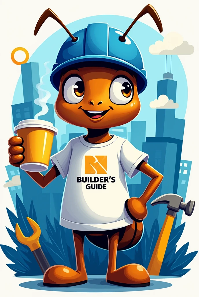 I would like to create a banner for a construction company using the ant mascot shown in the image I sent.. The ant must be wearing a blue safety helmet and a white t-shirt with the &#39;Builder&#39;s Guide&#39; company logo. The banner must include graphic elements related to construction, as buildings, tools, and other items associated with the sector, using the colors blue and yellow. Design must convey reliability and innovation, and the ant should be in a pose that suggests professionalism and enthusiasm,1.	Ant Appearance:
	• Body: Brown body with black lines, with a friendly and friendly appearance.
	•Eyes: Large expressive eyes that give an air of friendliness and energy.
	•Dress: The ant is wearing a blue safety helmet, typical of civil construction, and a white t-shirt with the company logo “Guia do Construtor”.
	•Accessories: In some images, the ant holds items such as a coffee cup or a glass of drink, indicating participation in events.
	