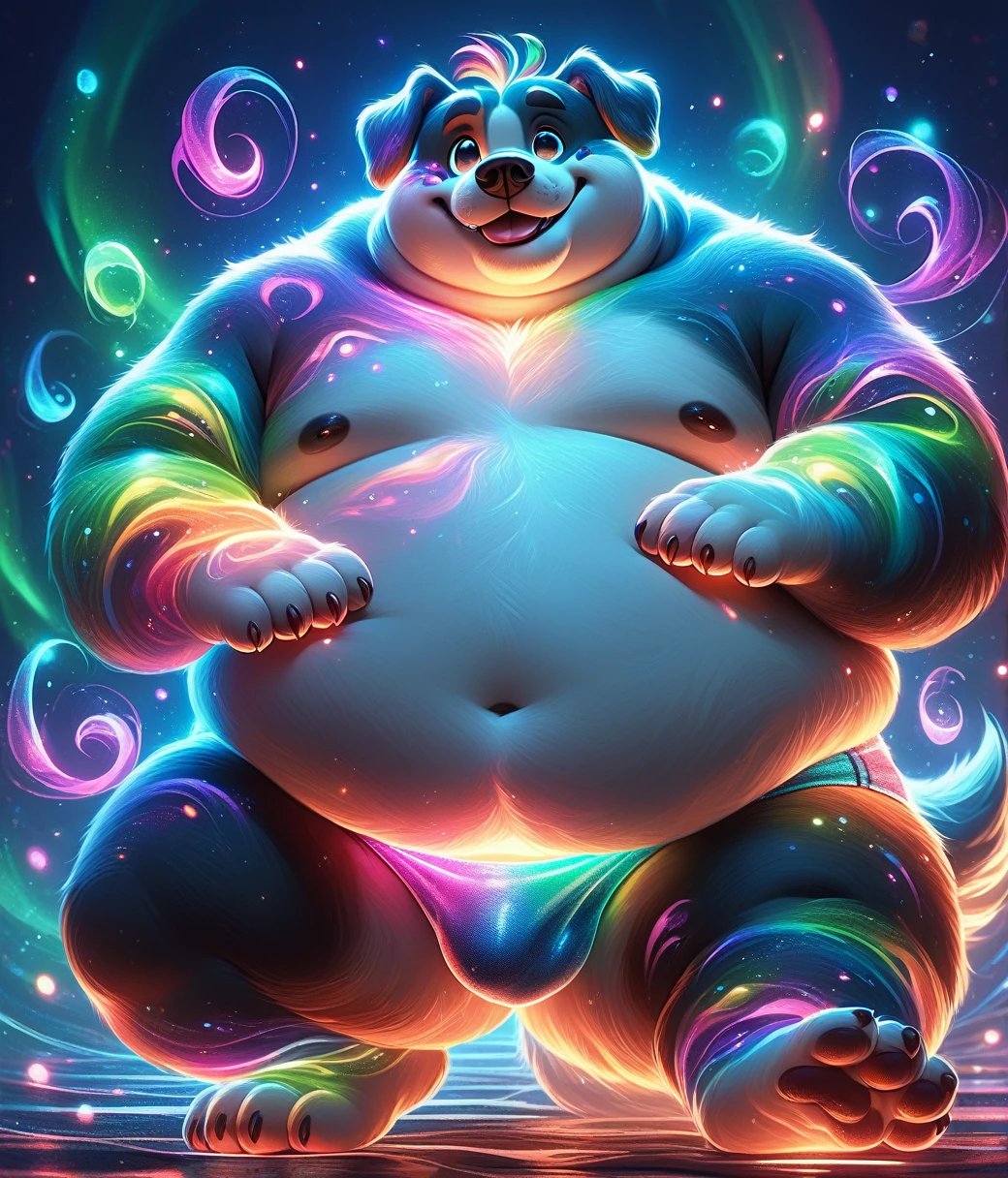 (cute, fat, obese, anthro, male, dog), nude, front view, smile, funny underwear, aurorastyle, surrounded by colorful glowing light particles, detailxl, zPDXL2