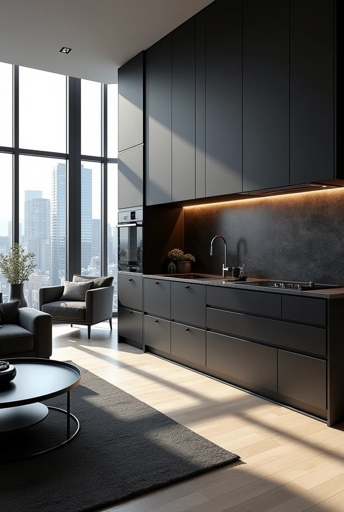 Chic room, furniture is black and gray, windows are urban, spacious room, high floor, kitchen is also a plus, kitchen is gray and black, floor plan is rectangular, kitchen is not facing the living room