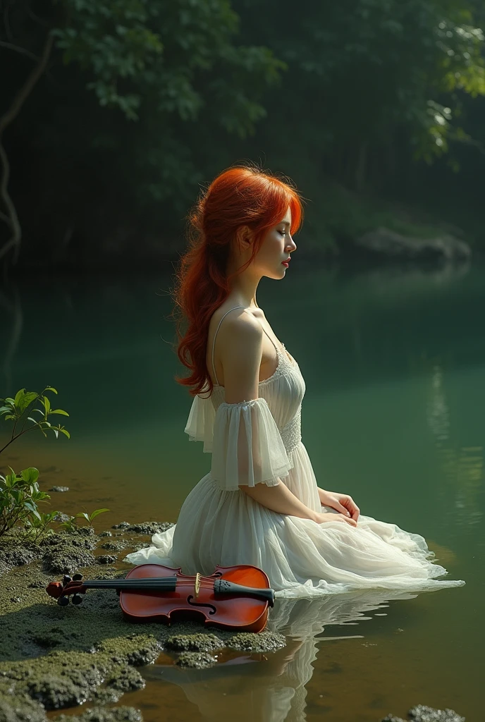 (photorealism:1.2), beautiful woman, red hairstyle, in a lake with mud, green lagoon with algae, wearing a white dress with a lampshade underneath, wearing a pantie, with a violin kneeling next to the lake, dark and gloomy atmosphere, transparent dress, realistic, intricate details, warm color ambient