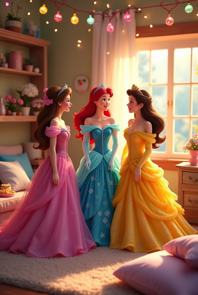 ((Full body photo, standing, feet on the ground)) Sleeping Beauty in a pink dress, Ariel in a blue dress and Belle in a yellow dress. the 3 friends in a sleepover night having fun, talking and laughing