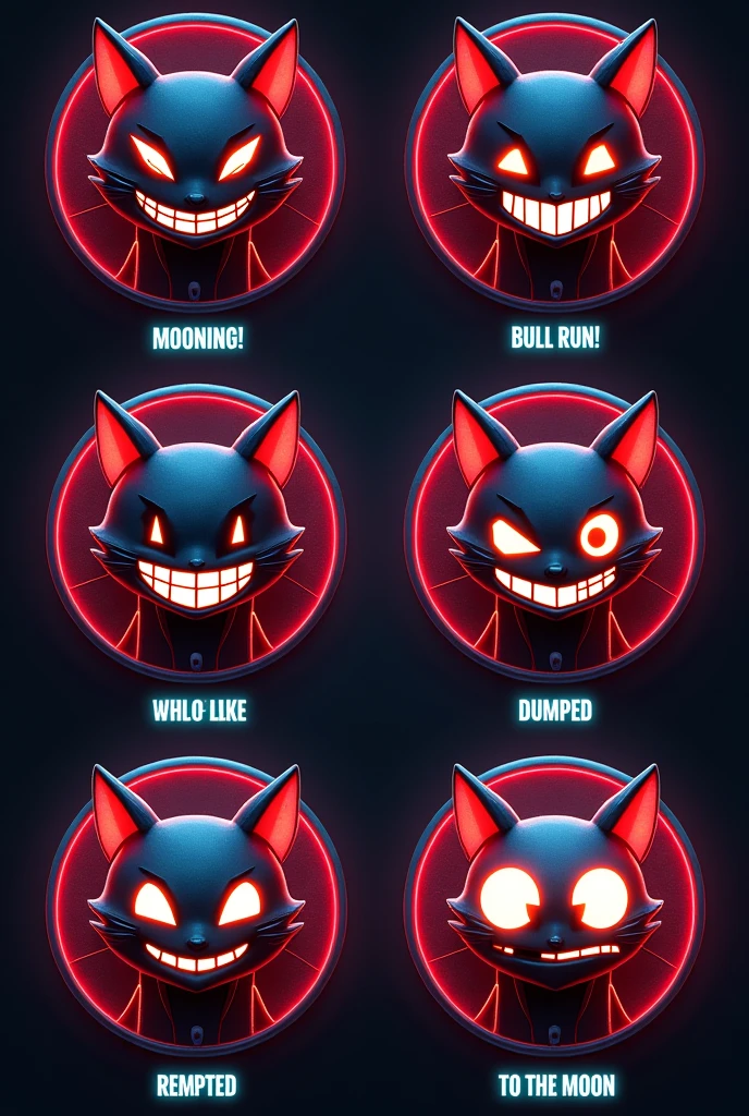 Design a set of 3D stylized circular stickers for the 'Trons - Tron Monsters' series featuring the Tron Cat Monster character.

Each sticker should feature the head of the Tron Cat Monster in a sleek, minimalist, and futuristic style, with sharp, geometric features and glowing neon accents in red and white. The cat monster should have a mischievous grin, large, expressive eyes, and a metallic finish. The head should be framed within a circular design, with a subtle glow around the edges. Include a subtle watermark with the text "Trons" on each sticker.

Sticker Emotions:

Cheerful Tron Cat - Grinning widely, eyes sparkling with neon lights, with a futuristic visor. Text: "Mooning!"
Focused Tron Cat - Eyes narrowed, glowing with intensity, ears slightly tilted forward. Text: "Bull Run!"
Sad Tron Cat - Ears drooping, eyes teary, neon lights dimmed. Text: "Dumped."
Happy Tron Cat - Eyes wide open, sparkling with joy, neon stripes flashing. Text: "To the Moon!"
Backgrounds:

Include minimalistic, Tron-inspired circular backgrounds with glowing grid patterns and dark, metallic tones that complement the Tron Cat Monster's emotions and the crypto-related phrases.