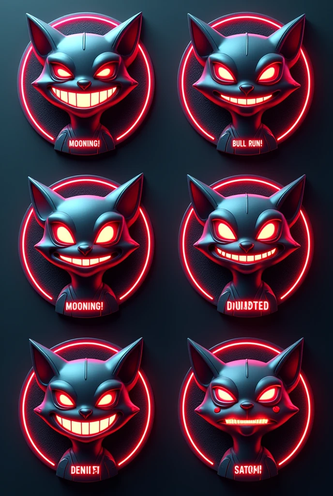 Design a set of 3D stylized circular stickers for the 'Trons - Tron Monsters' series featuring the Tron Cat Monster character.
Each sticker should feature the head of the Tron Cat Monster in a sleek, minimalist, and futuristic style, with sharp, geometric features and glowing neon accents in red and white. The cat monster should have a mischievous grin, large, expressive eyes, and a metallic finish. The head should be framed within a circular design, with a subtle glow around the edges. Include a subtle watermark with the text "Trons" on each sticker.
Sticker Emotions:
Cheerful Tron Cat - Grinning widely, eyes sparkling with neon lights, with a futuristic visor. Text: "Mooning!"
Focused Tron Cat - Eyes narrowed, glowing with intensity, ears slightly tilted forward. Text: "Bull Run!"
Sad Tron Cat - Ears drooping, eyes teary, neon lights dimmed. Text: "Dumped."
Happy Tron Cat - Eyes wide open, sparkling with joy, neon stripes flashing. Text: "To the Moon!"
Backgrounds:
Include minimalistic, Tron-inspired circular backgrounds with glowing grid patterns and dark, metallic tones that complement the Tron Cat Monster's emotions and the crypto-related phrases.
