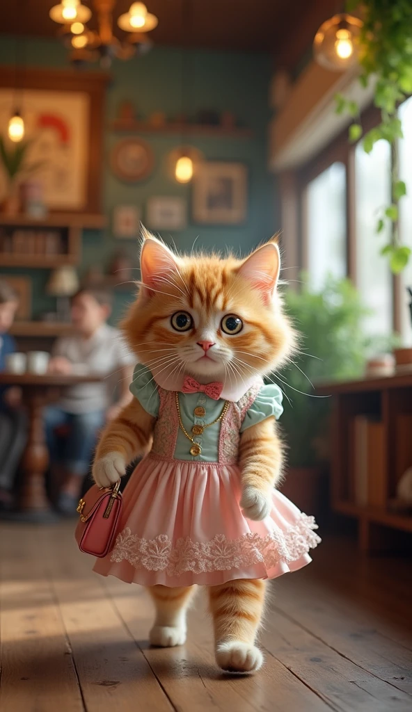 On the background of the cafe、Realistic image of a cat wearing a dress and carrying a bag