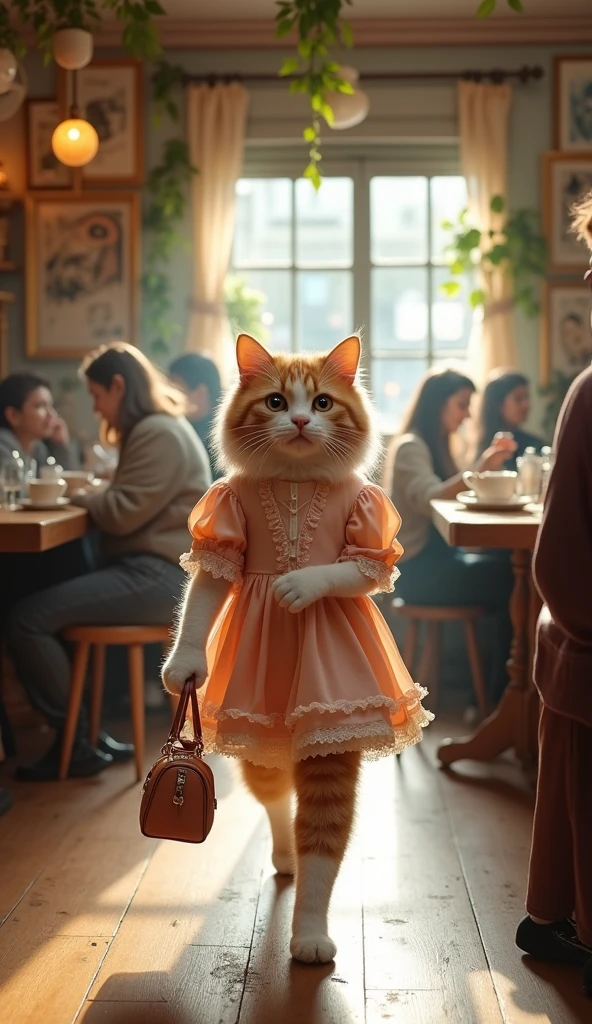 On the background of the cafe、Realistic image of a cat wearing a dress and carrying a bag