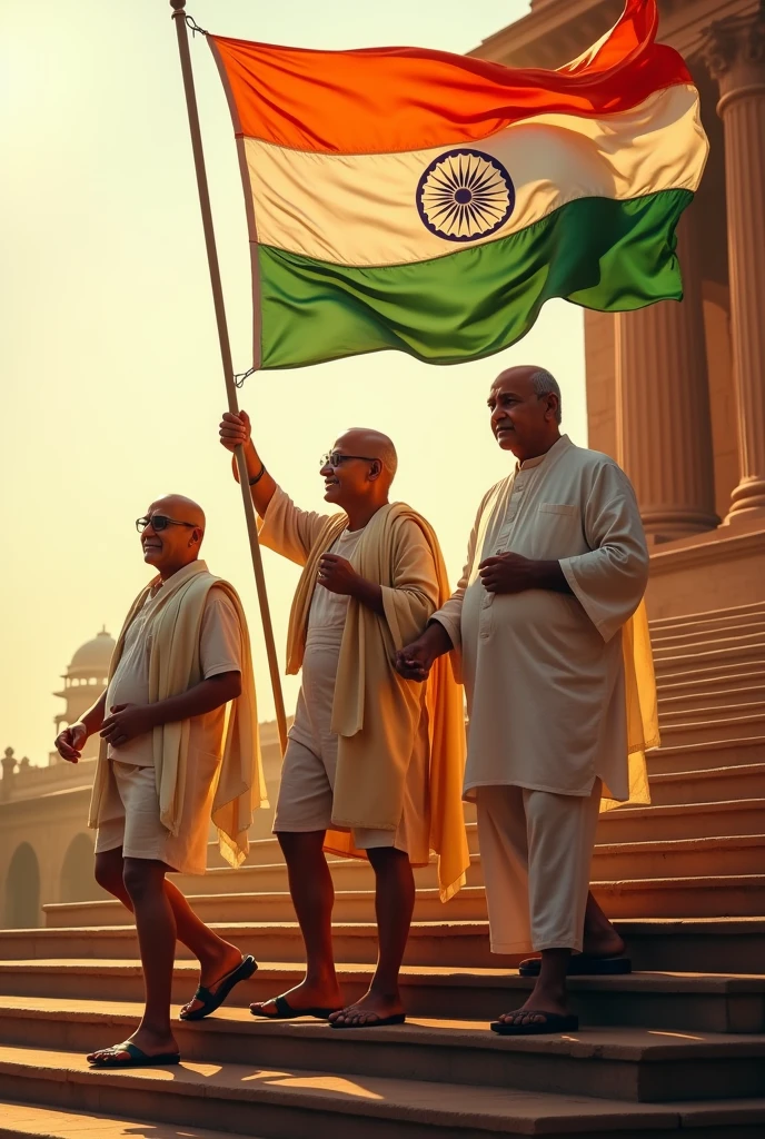 A photo of India Gate, the Taj Mahal, and Ram Mandir at the same location. Various Indian Muslim, Hindu, and Sikh Parsi people are standing in front of the Kilas. The background contains lush greenery and a clear blue sky. The ground is well-maintained, with a few flowers in front of the Kilas.