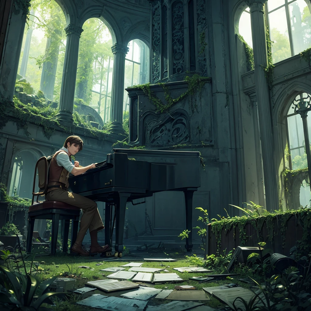 Davy Jones with his tentacles playing the piano in an abandoned monument covered in vegetation