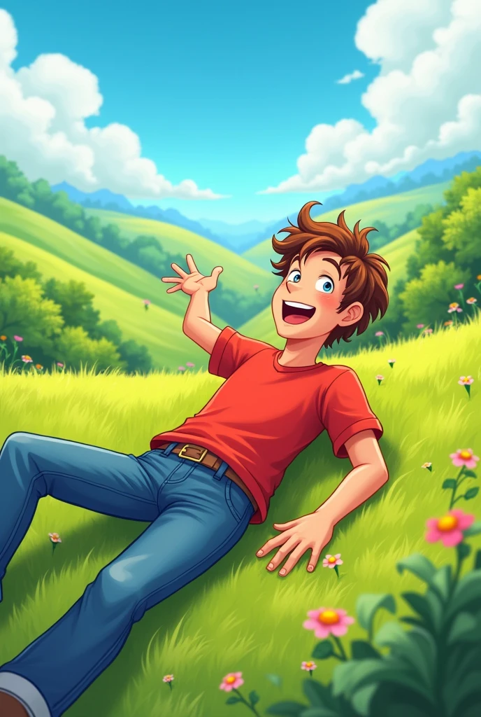 Top view and far away full body view of a male character lying on the ground in cartoon style