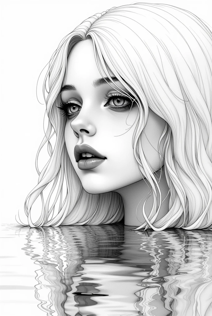 Jacques prevert black and white illustration art, illustration of a beautiful girl, an  body, beautiful face, thin lips, a white very long hair, ruby eyes, melancholy, perspective - the reflection of a face in the water, line draw, white simple background, masterpiece --ar 2:3 --stylize 50