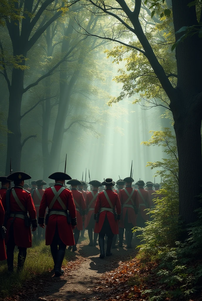 Humans from the 1740 British army invade the forest from the seashore facing the characters 