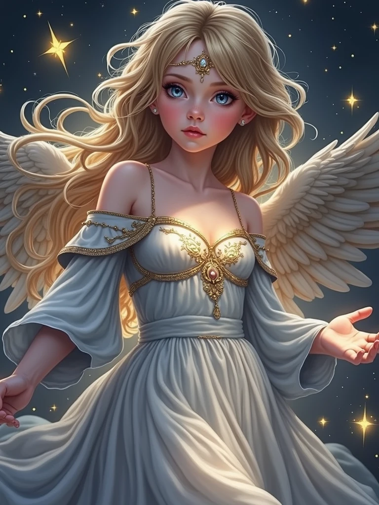 (masterpiece, top quality, best quality, official art, beautiful and aesthetic:1.2), (1girl) blonde hair, golden goddess dress, angelegilic, glowing eyes, night atmosphere light, edge light,looking in the camera, center composition, cute, looking in the camera black and golden swirling, swirling magic around her