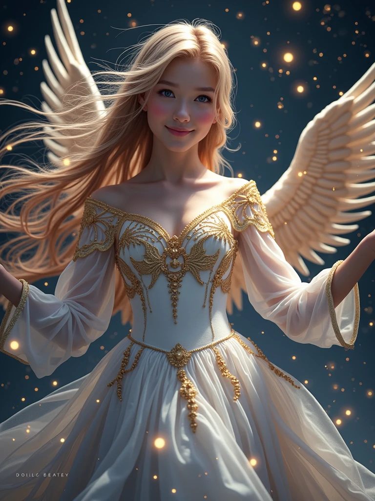 (masterpiece, top quality, best quality, official art, beautiful and aesthetic:1.2), (1girl) blonde hair, golden goddess dress, angelegilic, glowing eyes, night atmosphere light, edge light,looking in the camera, center composition, cute, looking in the camera black and golden swirling, swirling magic around her 