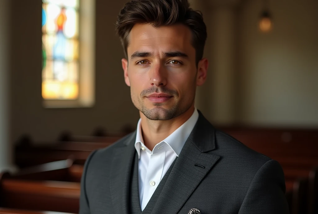 Generate an ultra realistic half-body image of a young pastor, he must be elegant and with the look of someone who is talking about the Bible, he cannot be smiling