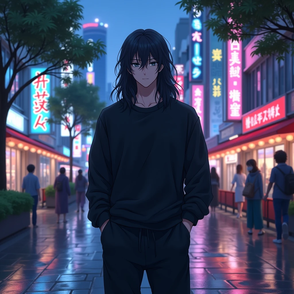 An anime character: White man with dark eyes. Her long, black hair. He wears a loose black sweatshirt and loose pants..