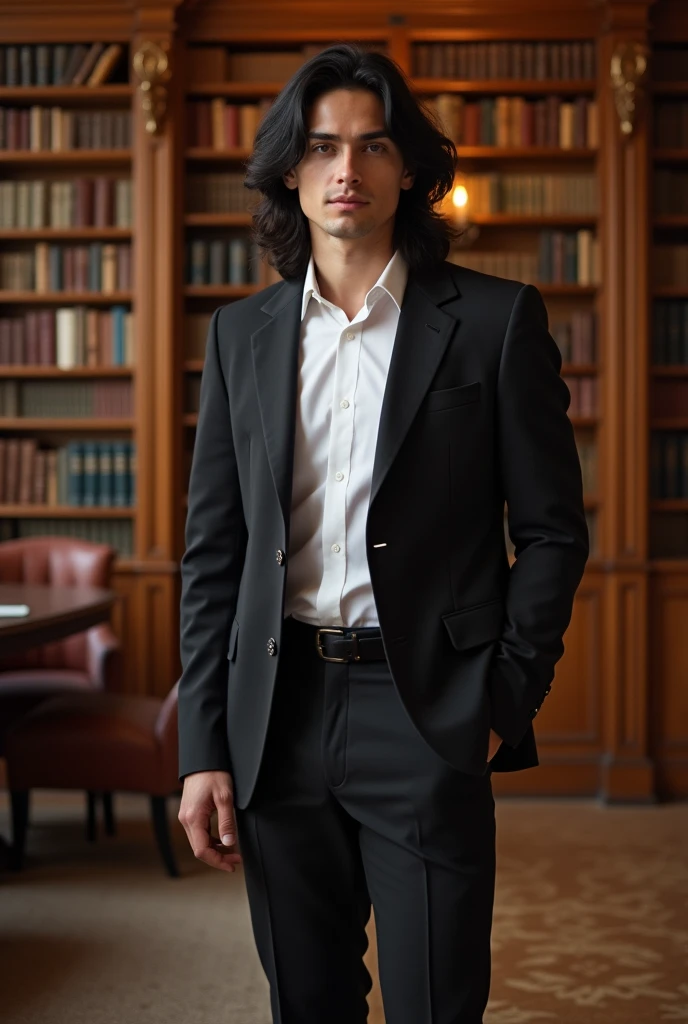 white guy, long black hair and classic outfit