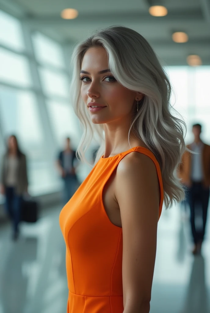 Hyper realistic full body profile of an beautiful elegant 20 year old girl with shoulder-length, wavy, silver-gray hair, styled in soft curls. She is wearing an sexy slim orange sleeveless dress with a deep scoop back, show half pretty breast, smile very attractive, standing against a Airport New York background. The image captures a side profile view, emphasizing her confident pose and the smooth, flowing texture of her hair and dress, masterpiece, UHD, 18K