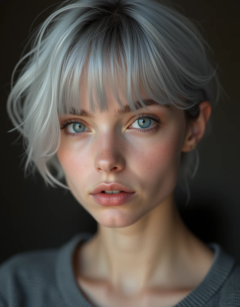 (RAW photo, best quality, masterpiece: 1.2), (photorealistic: 1.4), best lighting, 20 years old, (light gray hair, short cut, hair over ear, Symmetrical eyes, fair skin, solo, Detailed Skin, Detailed Background:1.2), French girl