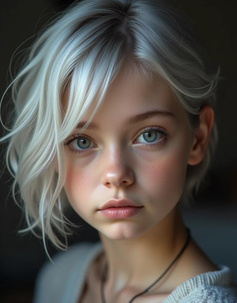 (RAW photo, best quality, masterpiece: 1.2), (photorealistic: 1.4), best lighting, 20 years old, (light gray hair, short cut, hair over ear, Symmetrical eyes, fair skin, solo, Detailed Skin, Detailed Background:1.2),　French girl