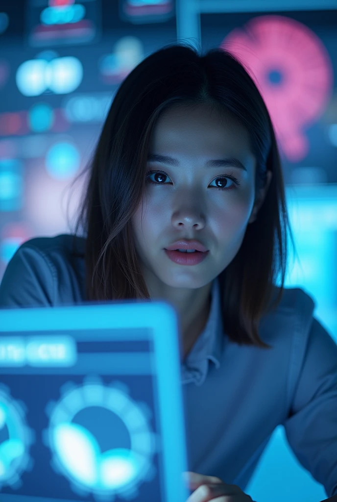 An advertising image showing the importance of visual health with a woman on a futuristic computer